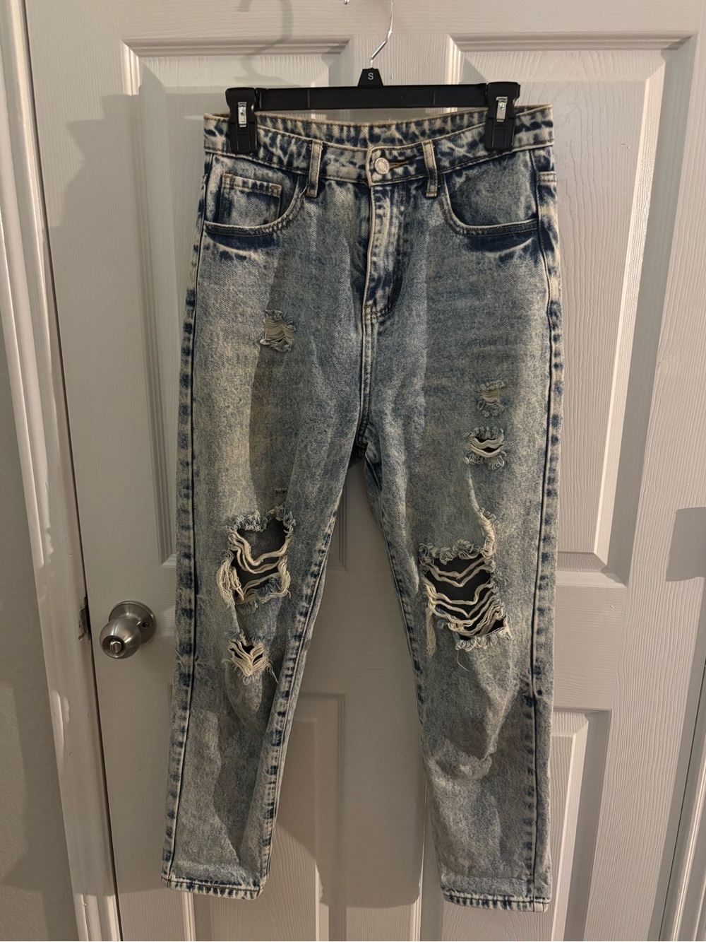 Acid Wash Distressed High-Waist Jeans - Light Blue